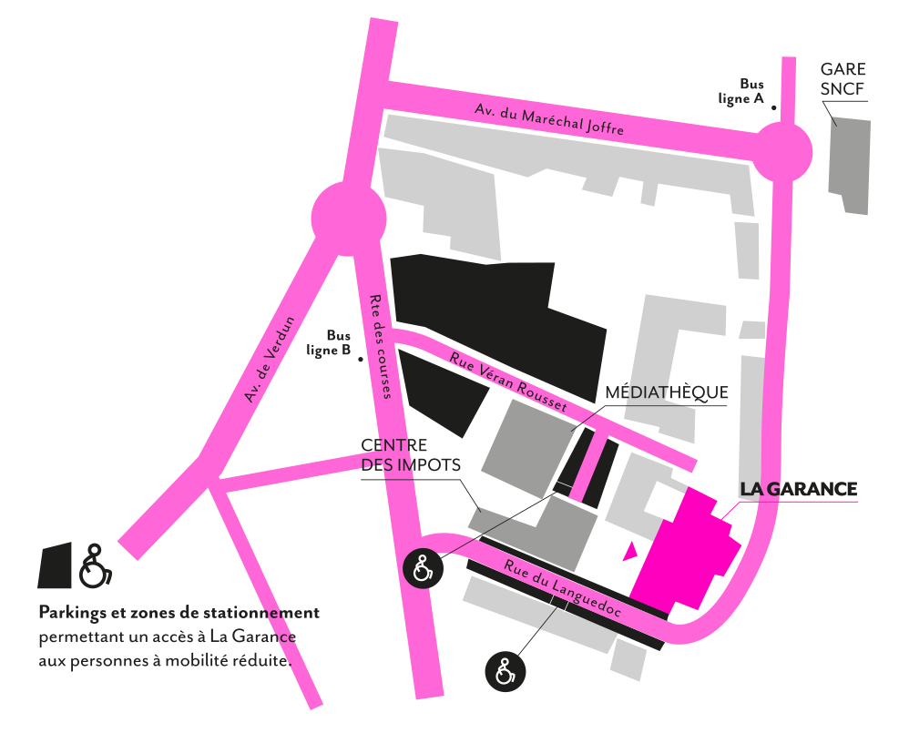 Le parking de La Garance se trouve derrière la Médiathèque de La Durance près de la rue Véran rousset. Il y a quatre places réservées aux personnes à mobilité réduite.